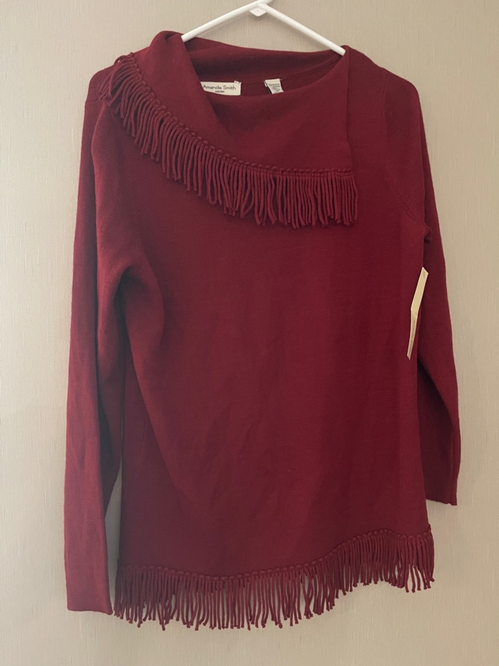 Amanda smith NWT medium Fringe Trim Burgundy Sweater tunic $86 MSRP acrylic wool